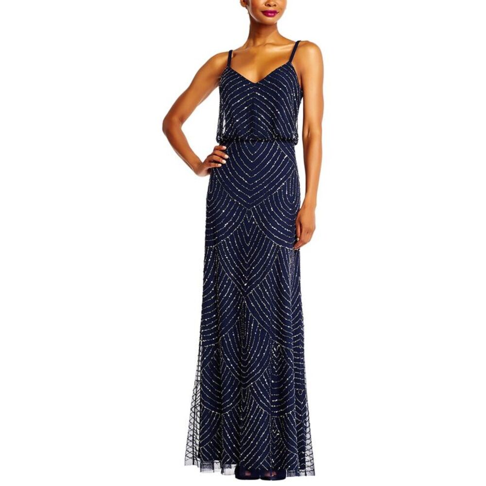 Adrianna Papell Womens Spaghetti Strap Long Beaded Blouson Gown